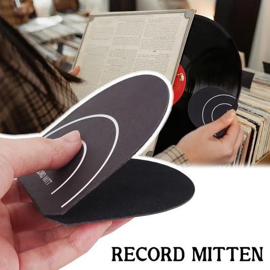 Microfiber vinyl record protector mitten for collectors, prevents scratches and dust buildup.