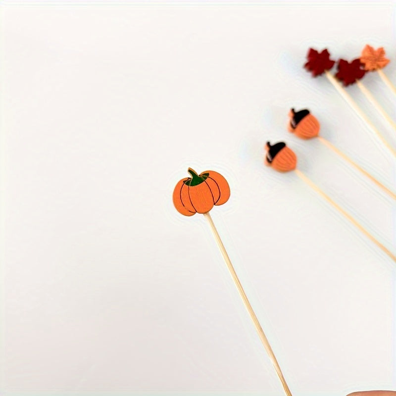 50 bamboo cocktail picks for appetizers and fruit skewers, featuring decorative leaves, pumpkins, and acorns. Perfect for Thanksgiving, Halloween, Christmas, Easter, and parties.