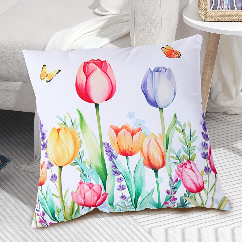 Modern Floral and Butterfly Print Decorative Pillow Cover, Made of Polyester, Easy to Clean in the Washing Machine, Features a Zipper Closure, Ideal for Adding a Touch of Spring to Your Living Room Decor or Party Setting.