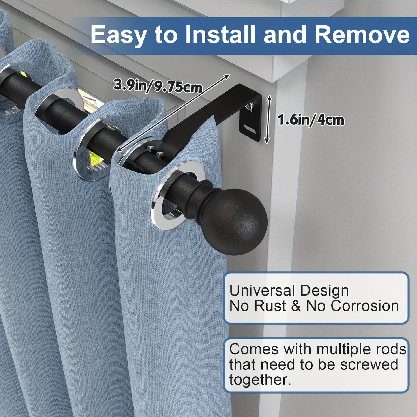 Adjustable Curtain Rod Set, 1 Piece, 5/8" Diameter Modern Steel with Brackets - Stylish Matte Black Finish for a Sleek Window Decor, Ideal for Living Room Curtain Rods.