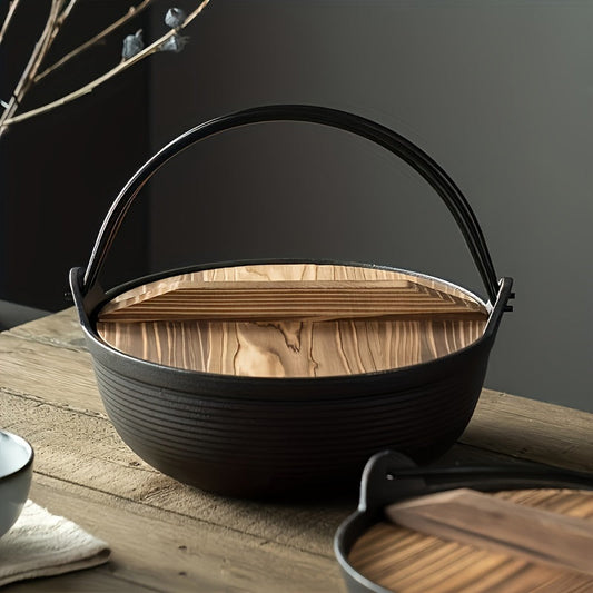 Vintage style Cast Iron Wok Pot, perfect for Japanese Shabu-Shabu Soup, suitable for Gas Stove, great for Home Cooking, Camping, and Outdoor Use.