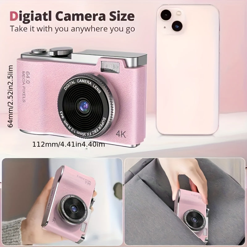 Retro-style 4K HD CCD digital camera with dual lens, USB-C charging and image transfer, perfect for students and photography enthusiasts.