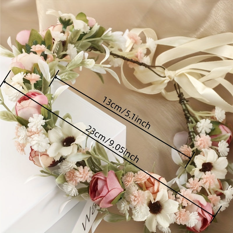 1 piece of women's flower headband featuring artificial wreath, boho hair band, wedding bridal flower crown with ribbon, and simulation floral garland for wedding party.