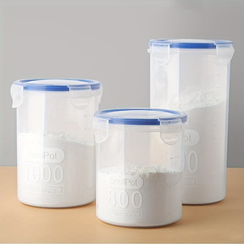 Set of 4 food storage containers featuring easy lock lids, clear airtight jars to keep food fresh, moisture-proof sealed boxes suitable for storing cereal, rice, pasta, flour, and sugar. Perfect for organizing your kitchen supplies.