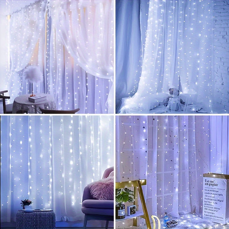 USB powered LED curtain string lights with remote control, 8 lighting modes, and infrared sensor function. Perfect for bedroom wall decoration, ideal for Christmas, parties, and Valentine's Day.