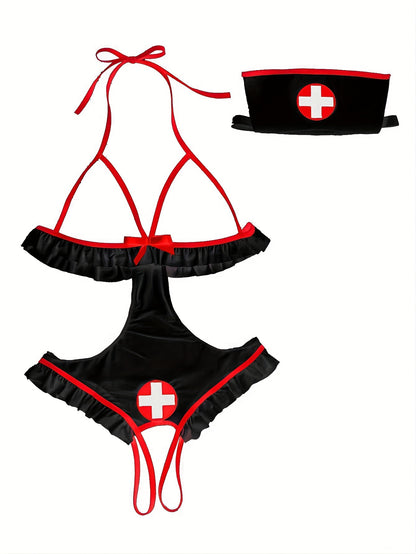 Sexy nurse costume set with Swiss flag emblem, machine washable spandex blend lingerie, featuring a hollow-out design and ruffled accents.