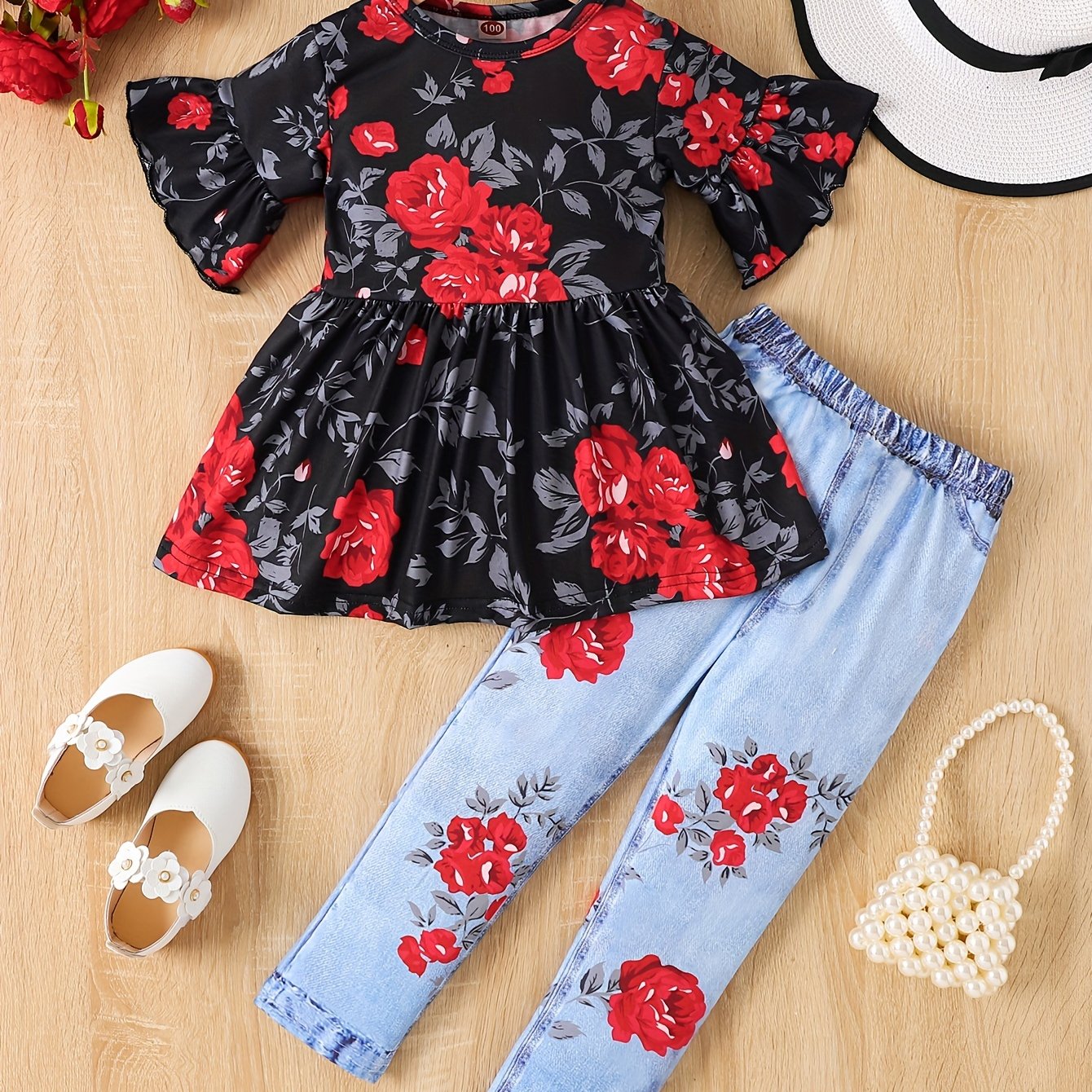 Set of floral peplum top with flare sleeves and matching leggings for girls, perfect for summer outings.