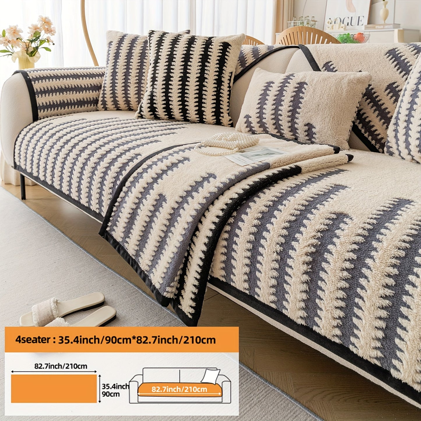 Modern Nordic-style sofa cover in black & white stripes, pet-friendly, anti-slip, ideal for 1-4 seater sofas in living room, bedroom, office.