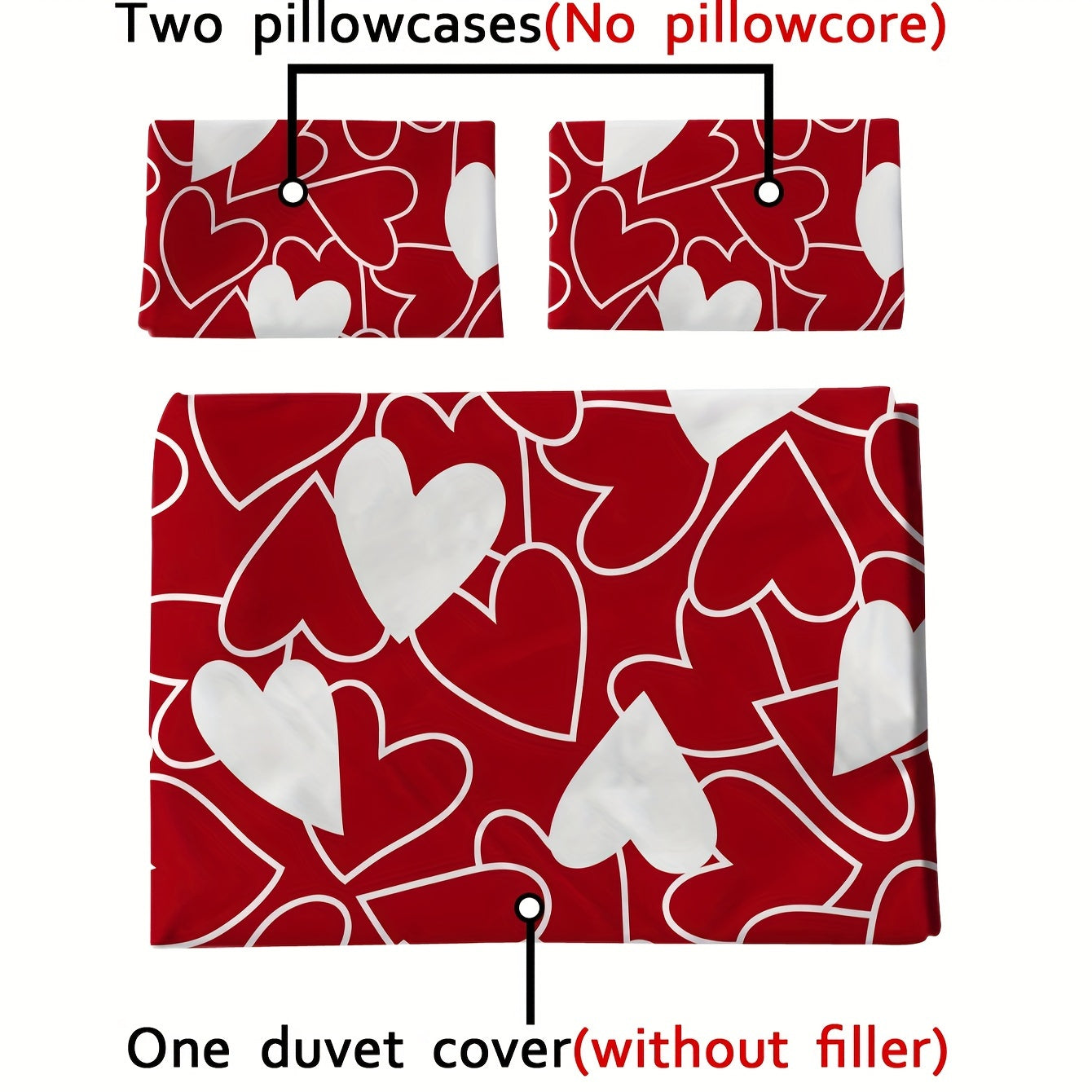 Get ready for the season of love with our Heart Print Valentine's Day Bedding Set. This set includes 1 Duvet Cover and 2 Pillowcases, all brushed for a soft and comfortable feel. Perfect for any bedroom or guest room, this skin-friendly set is suitable