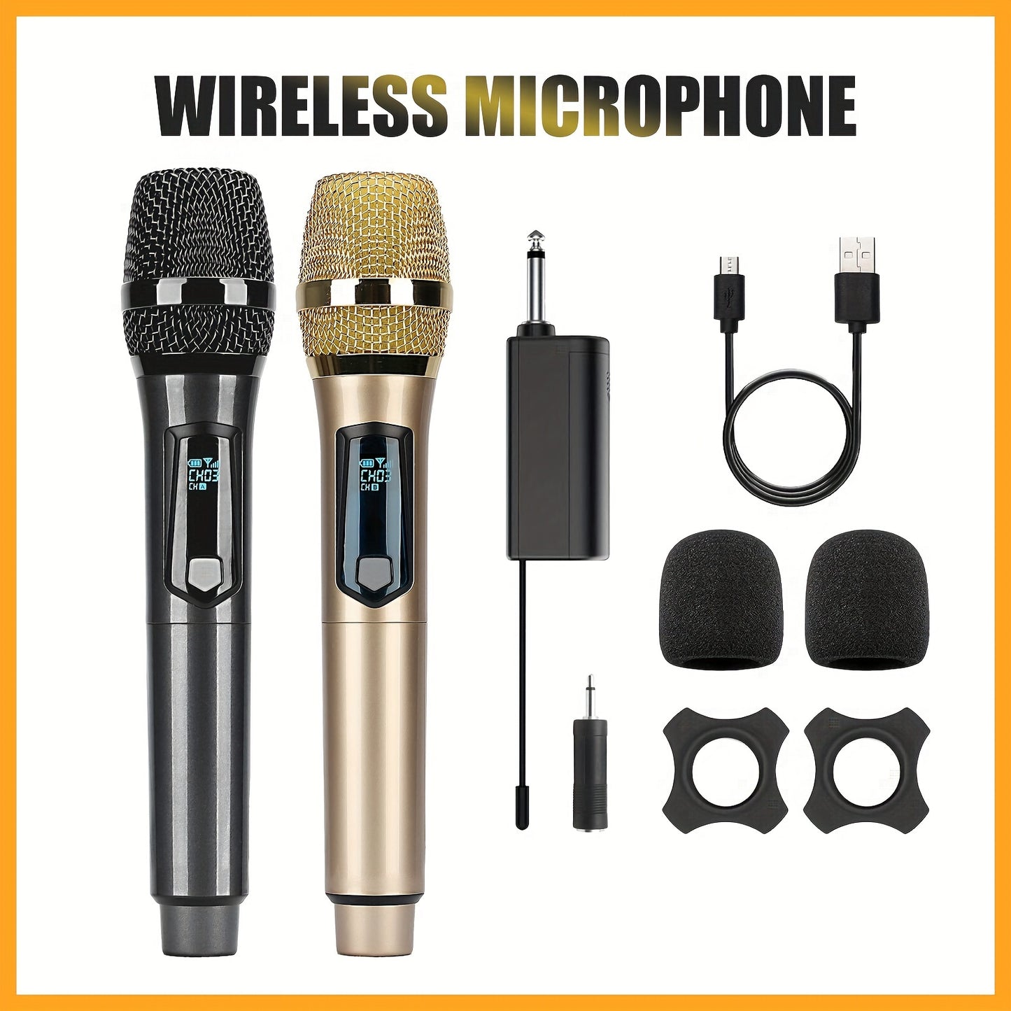 Universal wireless microphone with dual channels, rechargeable, plug-and-play, suitable for various uses such as karaoke, speeches, weddings, church services, and public address systems.