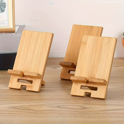 Bamboo desktop phone stand with clamp holder for all smartphones, perfect for office organization and charging station.