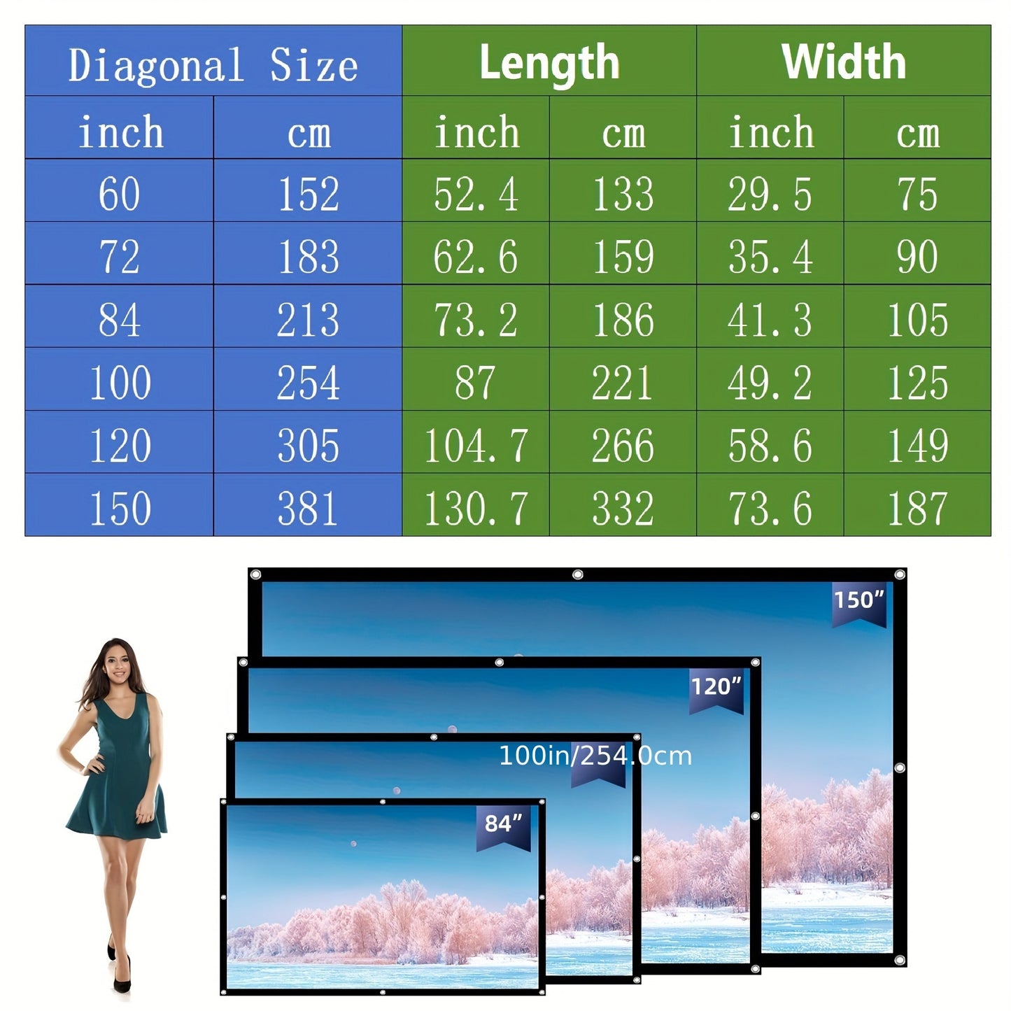 VERCORKIN Portable Projector Screen in 16:9 ratio, foldable, wrinkle-resistant, and dual-sided. Machine washable and available in multiple sizes for various uses.