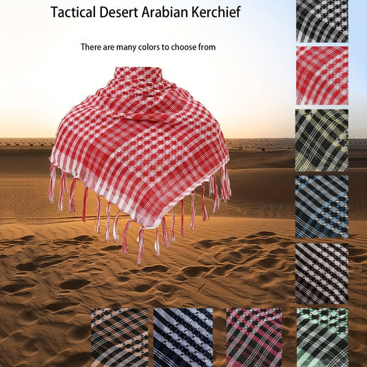 100% Polyester Woven Neck Scarf with Tassels in Vintage Style Tactical Desert Arabian Kerchief Design, Perfect Traditional Muslim Shawl for Ramadan. Features Checkered Headscarf and Square Hijab.