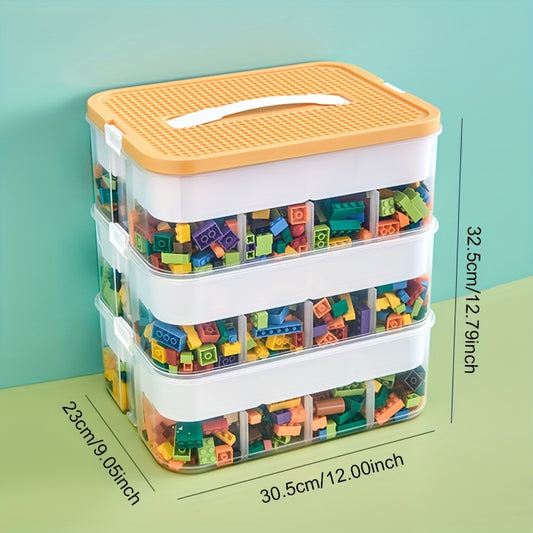 Large portable plastic storage box with lid and grid, multi-layer design, perfect for organizing blocks, snacks, and toys. Available in 1, 2, or 3 tiers, suitable for bedroom, living room