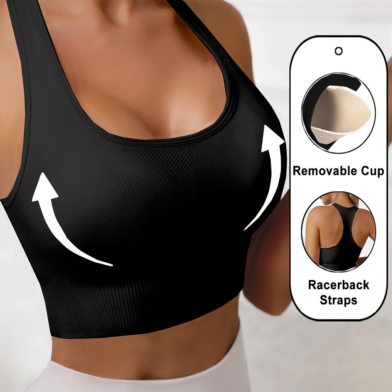 Women's high-stretch polyamide sports bra with removable cups, racerback straps, and shock-absorbing wireless design in solid black. Perfect for yoga and fitness with a stretchy fabric.