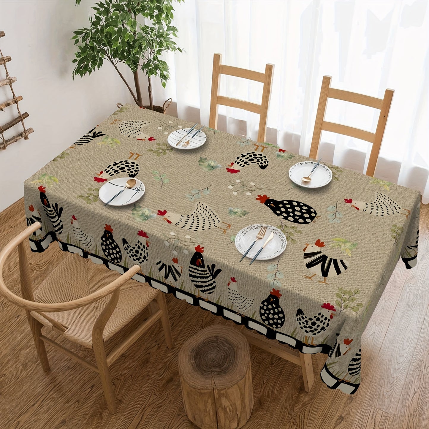 1pc Rustic Farmhouse Style Table Cover with Rooster Pattern, Stain Resistant, Non-slip, Wrinkle Resistant Home Decor