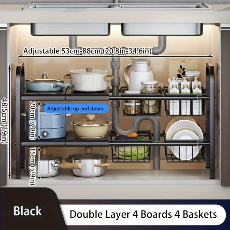 Modern black metal storage rack set with removable baskets for kitchen and bathroom organization. Multi-tier design for efficient space utilization.