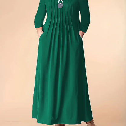 Stylish plus size dress in polyester knit with spandex, featuring a draped crew neck and fit and flare design for all seasons.