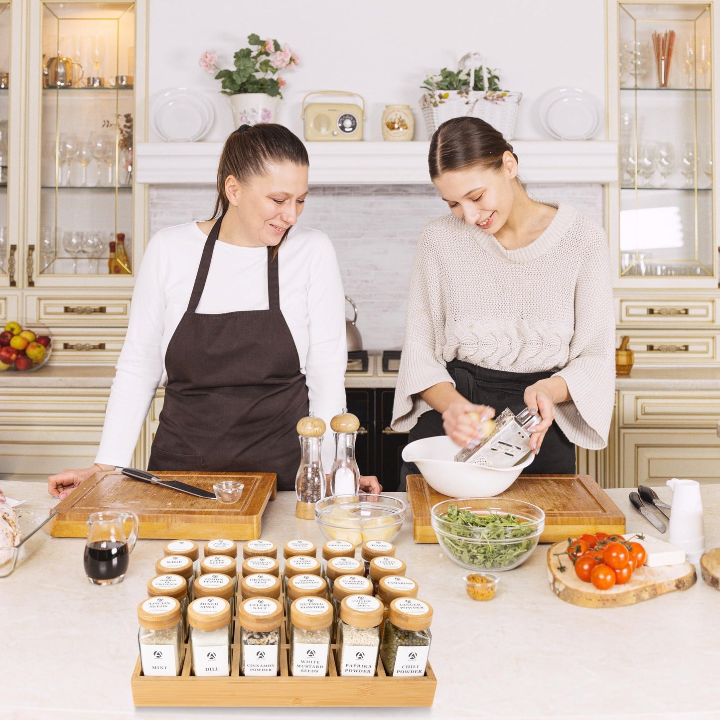 The spice rack includes either 12 or 24 jars with bamboo lids, as well as a bamboo drawer organizer complete with attached waterproof adhesive labels specifically designed for English herbs, spices, and condiments for convenient and easy access.