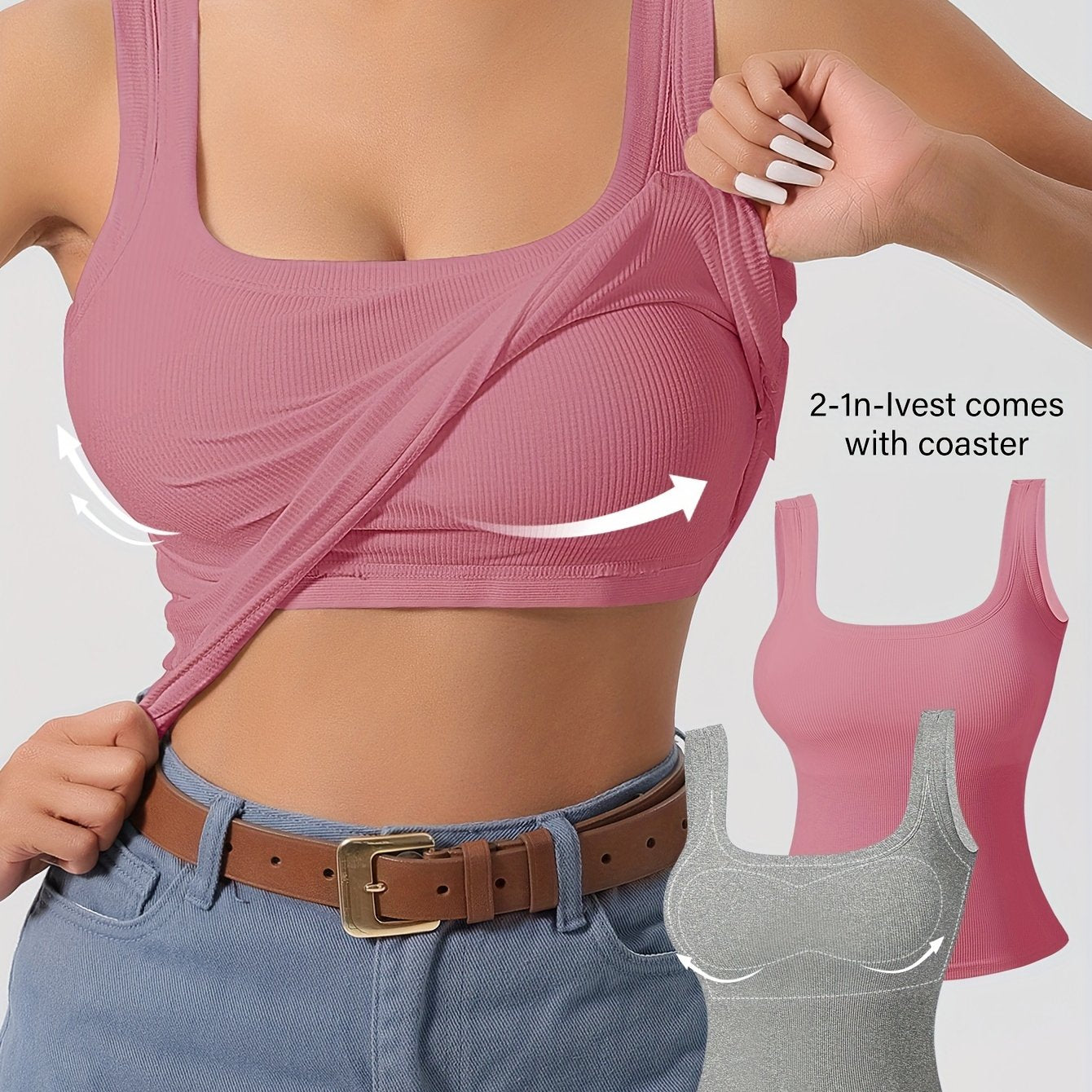 2 Simple Solid Square Neck Tank Tops with padded backless design for women's lingerie and underwear.