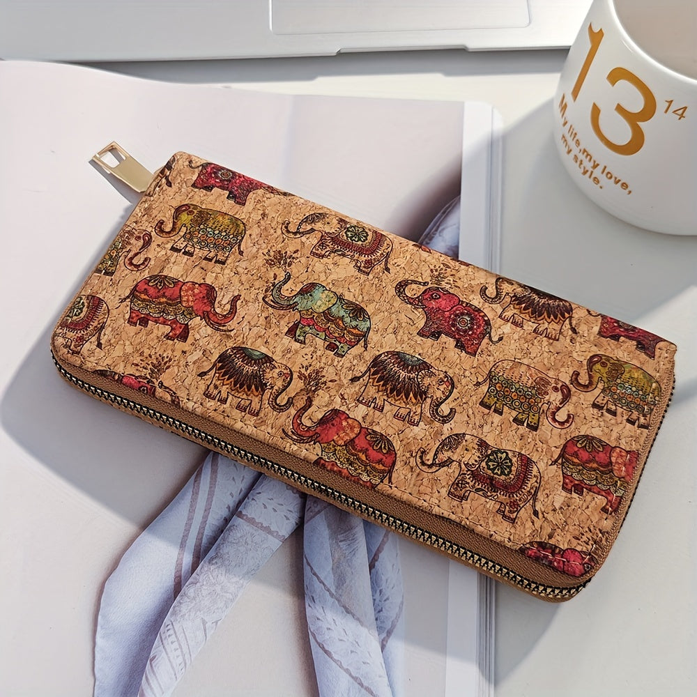 Women's vegan leather wallet with floral print, clutch coin purse, and faux wooden credit card holder.