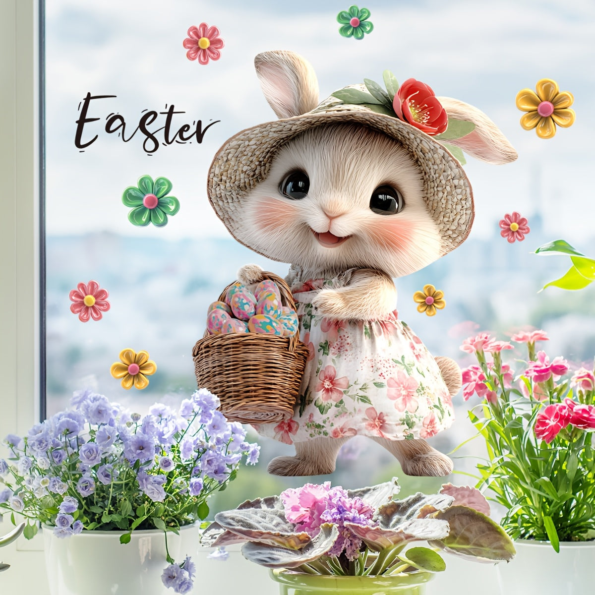 Easter Bunny and Eggs Floral Decorative Window Cling - a 20x30cm Double-Sided PVC Sticker with Contemporary Design, Static Adhesive Glass Decal that is Reusable for Home Decor in Living Room, Bedroom, or Bathroom. Product code: DJ4099-ZC.