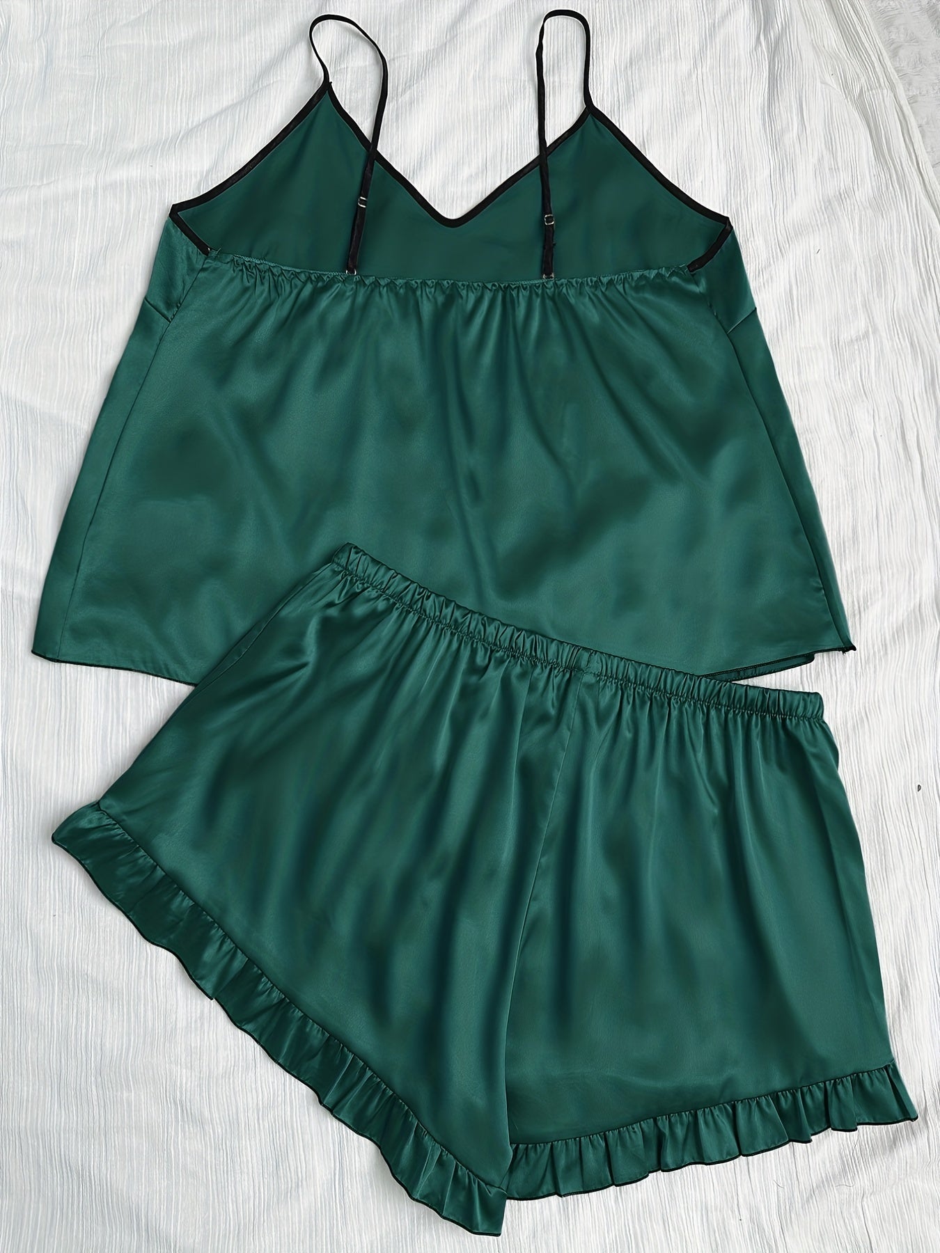 Plus Size Elegant Pajama Set, Women's Satin Cami Top & Ruffle Hem Shorts Two Piece Set