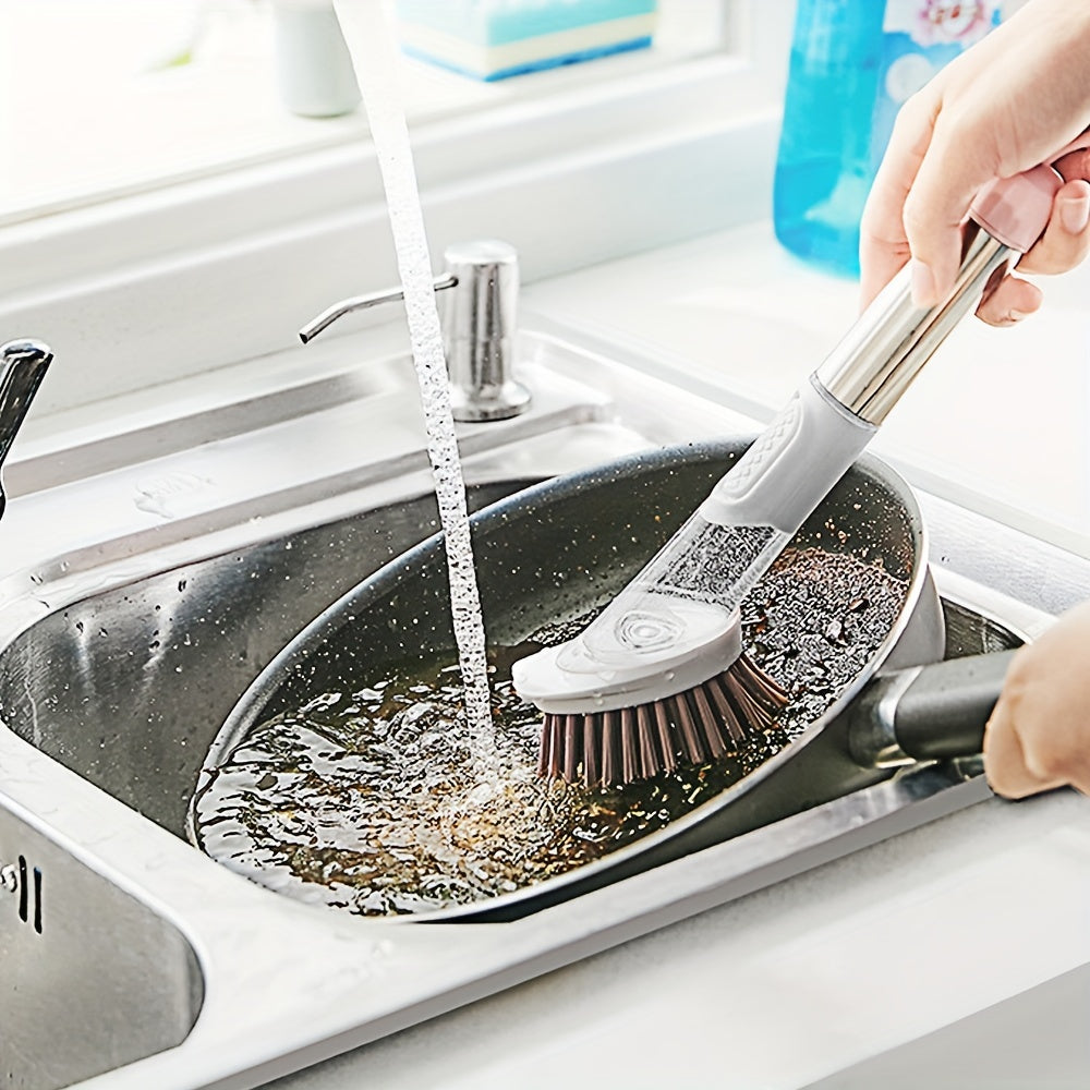 Kitchen Cleaning Brush Set with Soap Dispenser includes three multifunctional brushes. The long handle and removable sponge make it perfect for cleaning dishes and more. The durable nylon bristles ensure a thorough clean while the space-saving design