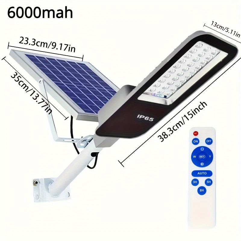 Energy-efficient outdoor solar street light with 6000/4000mAh battery, remote control, and solar panel for garden and yard lighting.