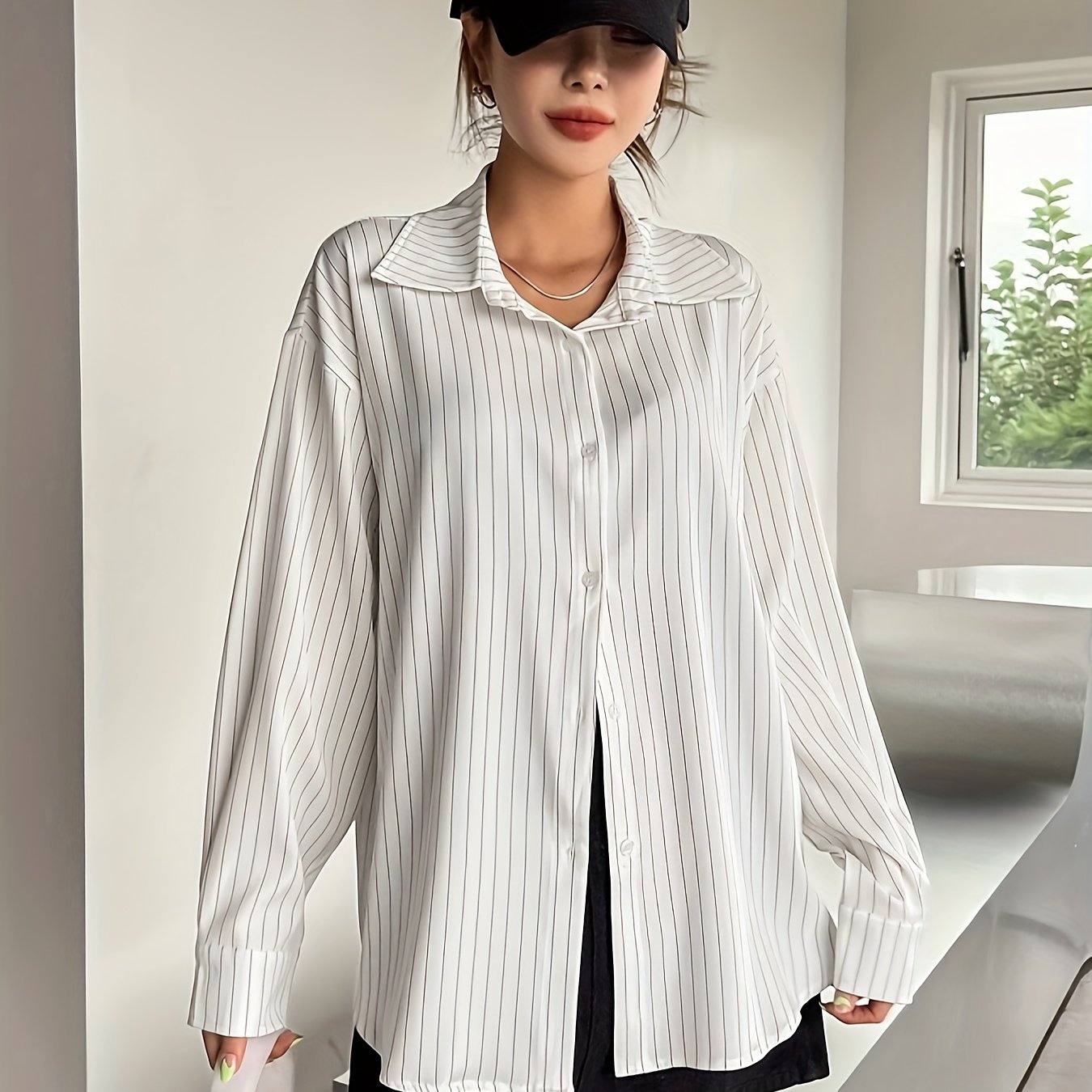 Women's Striped Drop-Shoulder Shirt - White & Black, Long Sleeve, Polyester, Machine Washable, Casual Wear for Spring/Summer/Fall