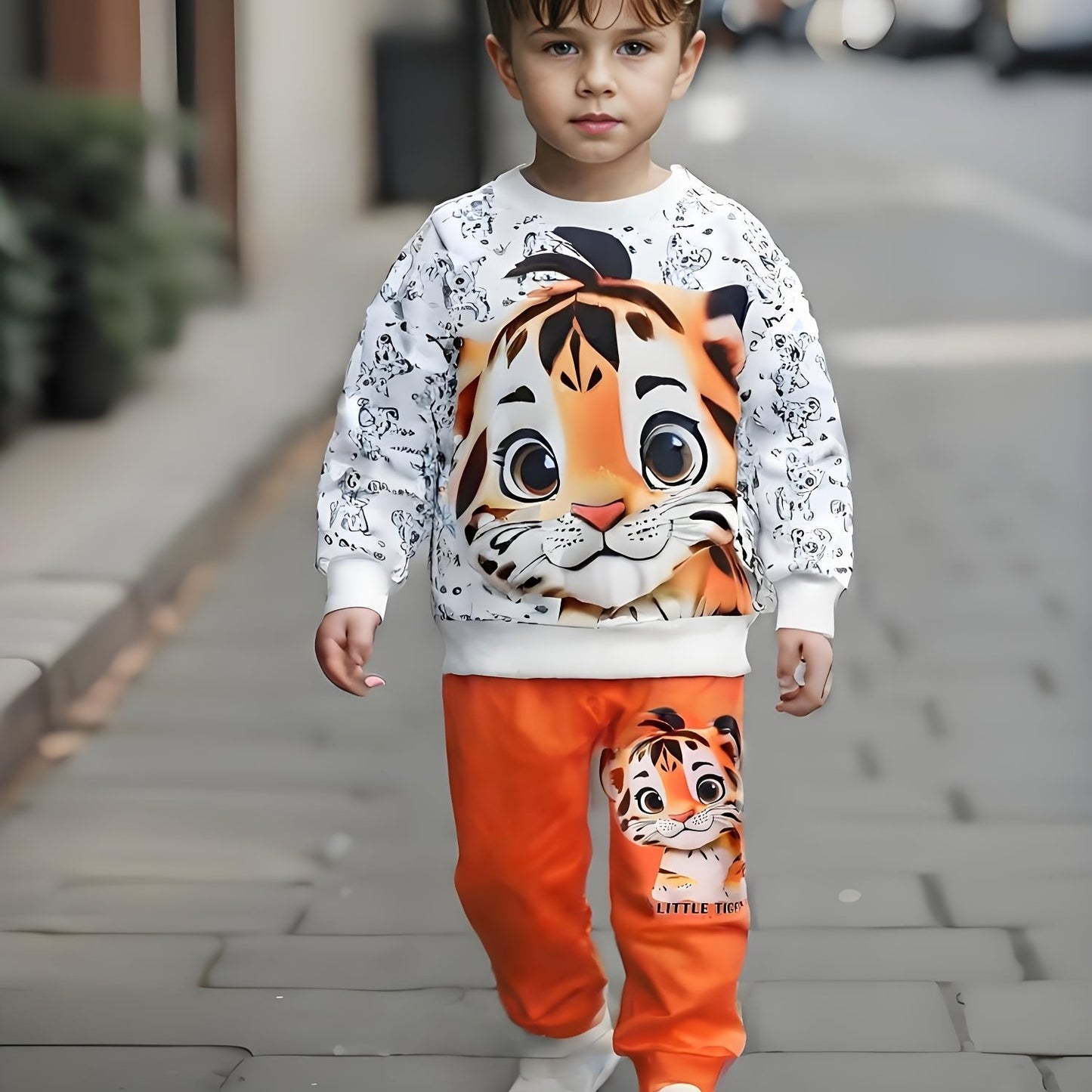 Cute Tiger Print Sweatshirt Set, Polyester Blend, Knit Fabric – Ideal for Spring/Autumn Gift, 2pcs Set for Outdoor Wear