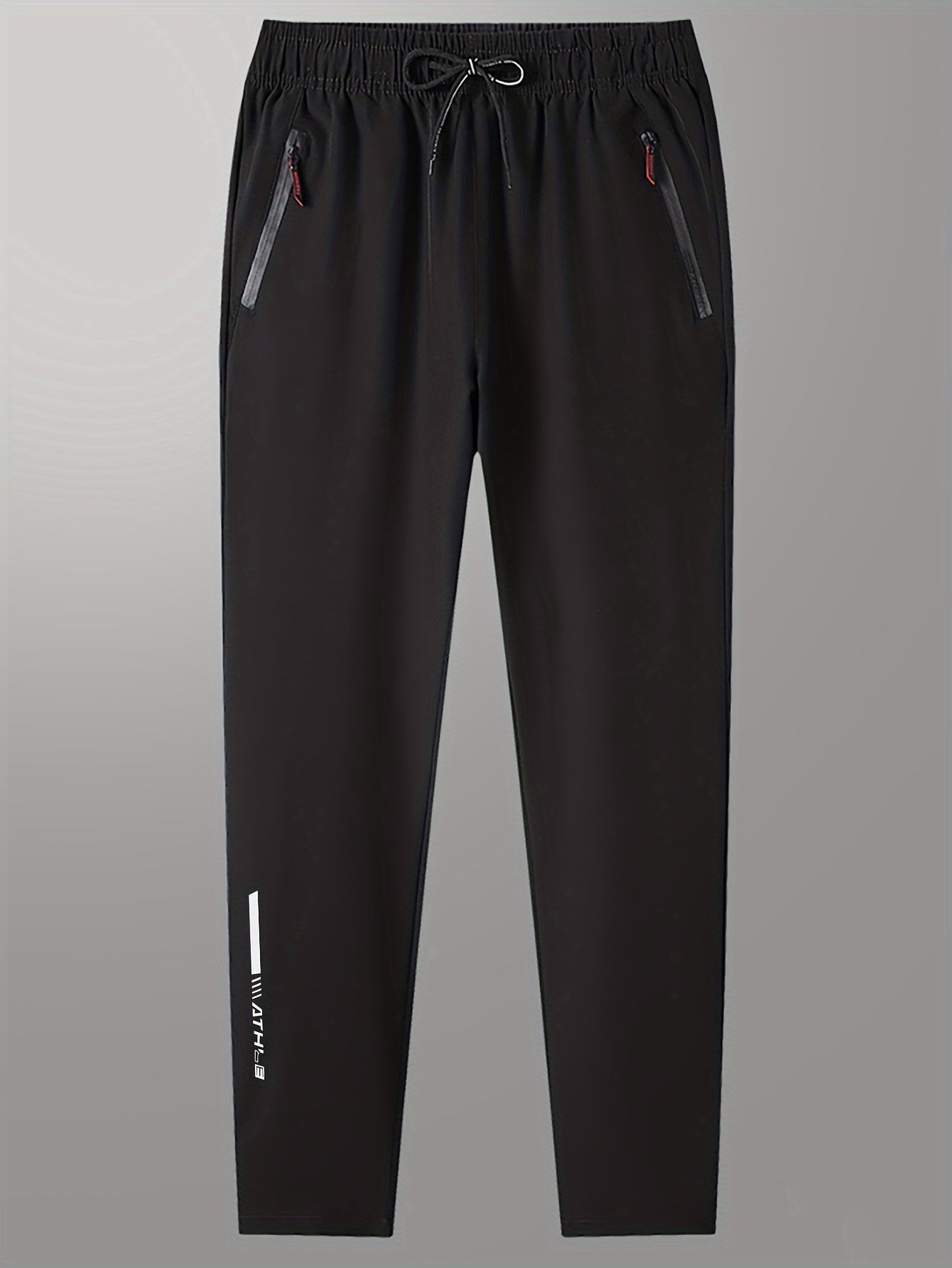 Three men's polyester sports track pants with zipper for running, training, hiking, and casual wear in spring/summer.