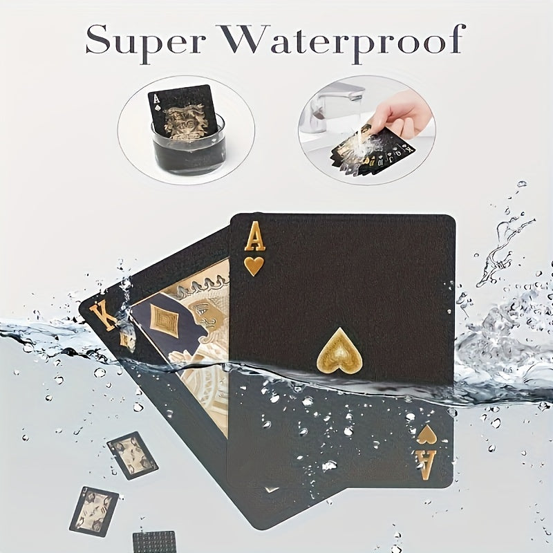 Durable plastic poker deck for tabletop games with waterproof black and golden foil design.