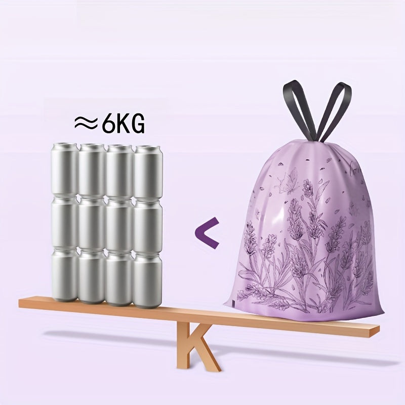 Thick Lavender-Scented Drawstring Trash Bags, 15.14 L - 50pcs, for Kitchen, Office, Home & Dining Room - Multipurpose Disposable Bags with Automatic Closing, Portable - 1 Roll