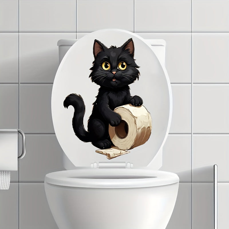 1pc Cute Black Cat Toilet Paper Sticker for Home Bathroom, Easy-to-Apply, Self-Adhesive, Disposable Decor for Restroom.