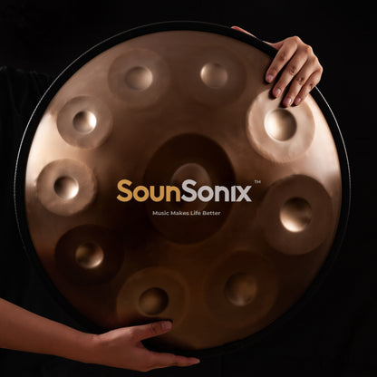 SounSonix Handpan - D Minor, 10 Notes, Handcrafted Steel Drum Set with Bag and Stand