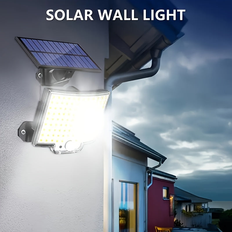 Solar wall light with 106 LED, motion sensor, adjustable angle, and 279.4cm cable for yard and garden.