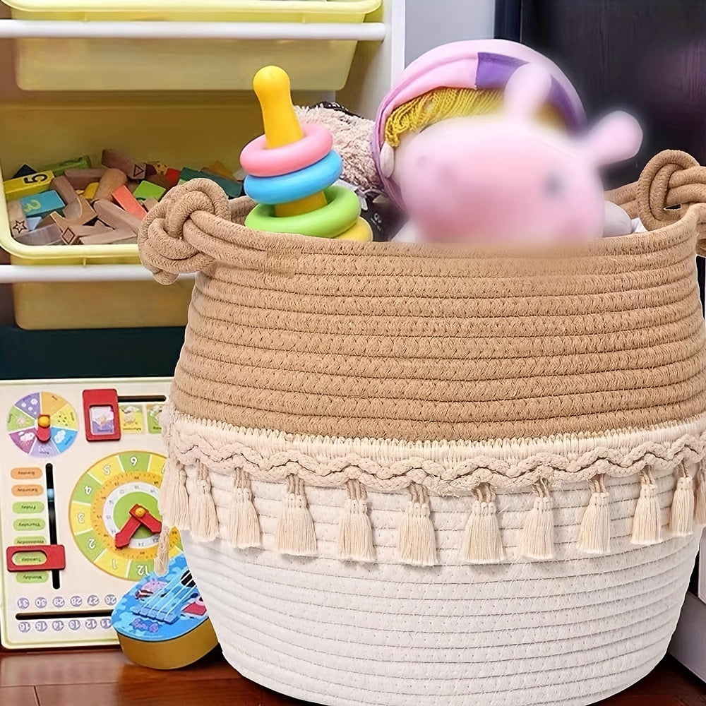 Bohemian Tassel Decorative Woven Basket for Kids - 30.48cm x 22.86cm Nursery Toy Storage & Small Laundry Hamper