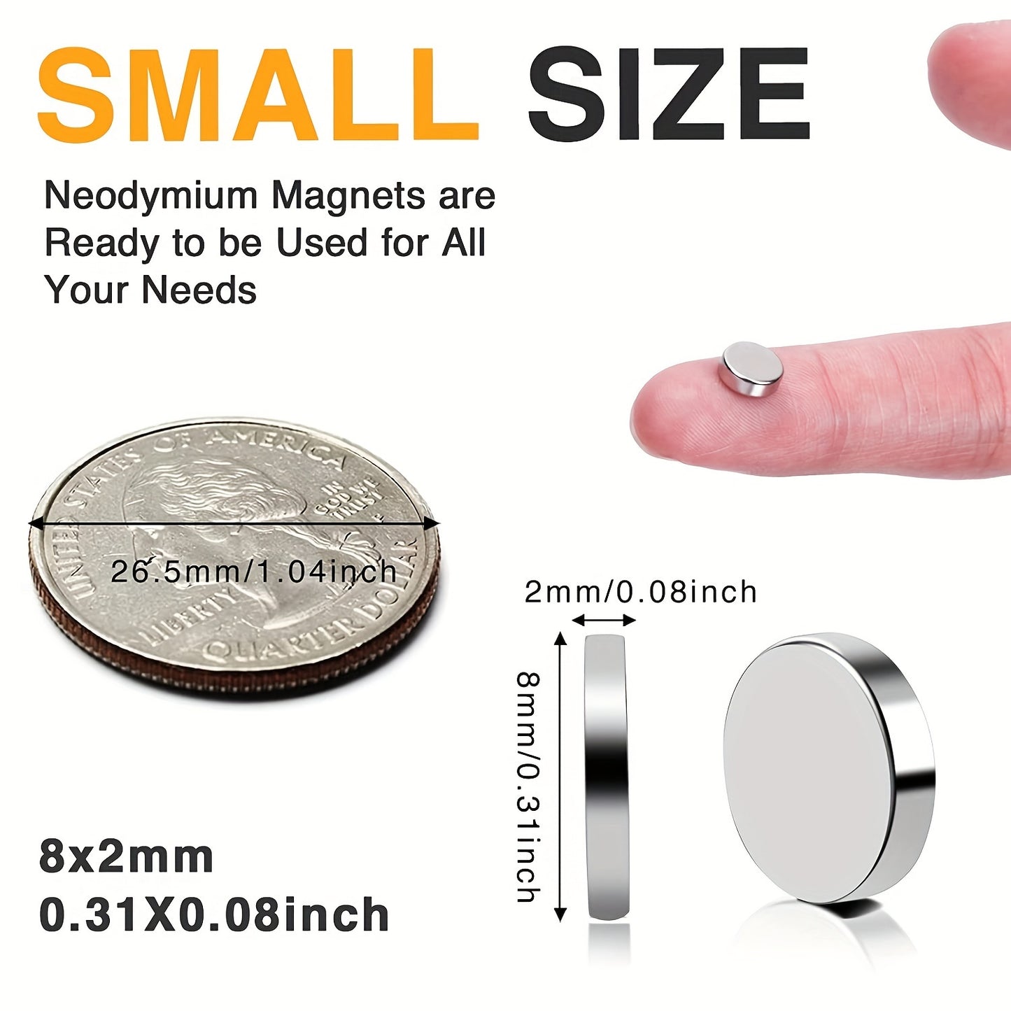 20 small round disc magnets, 8x2mm, made of sturdy metal with a premium brushed nickel finish for office, kitchen, and tool use.