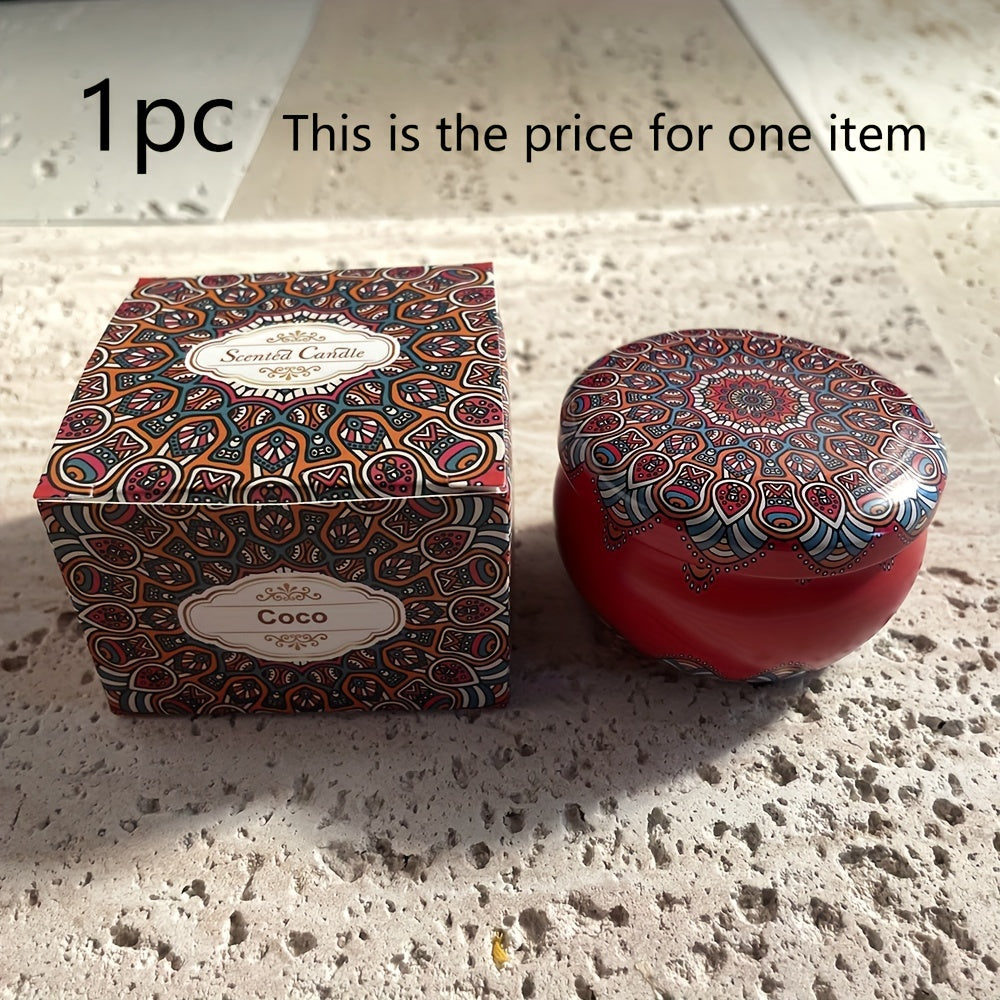 Bohemian Mandala Style Scented Candle Gift Set with Dried Flower Embellishment, Spice Scent, Soy Wax Material for Seasonal Celebrations, Indoor Use, and Holidays.