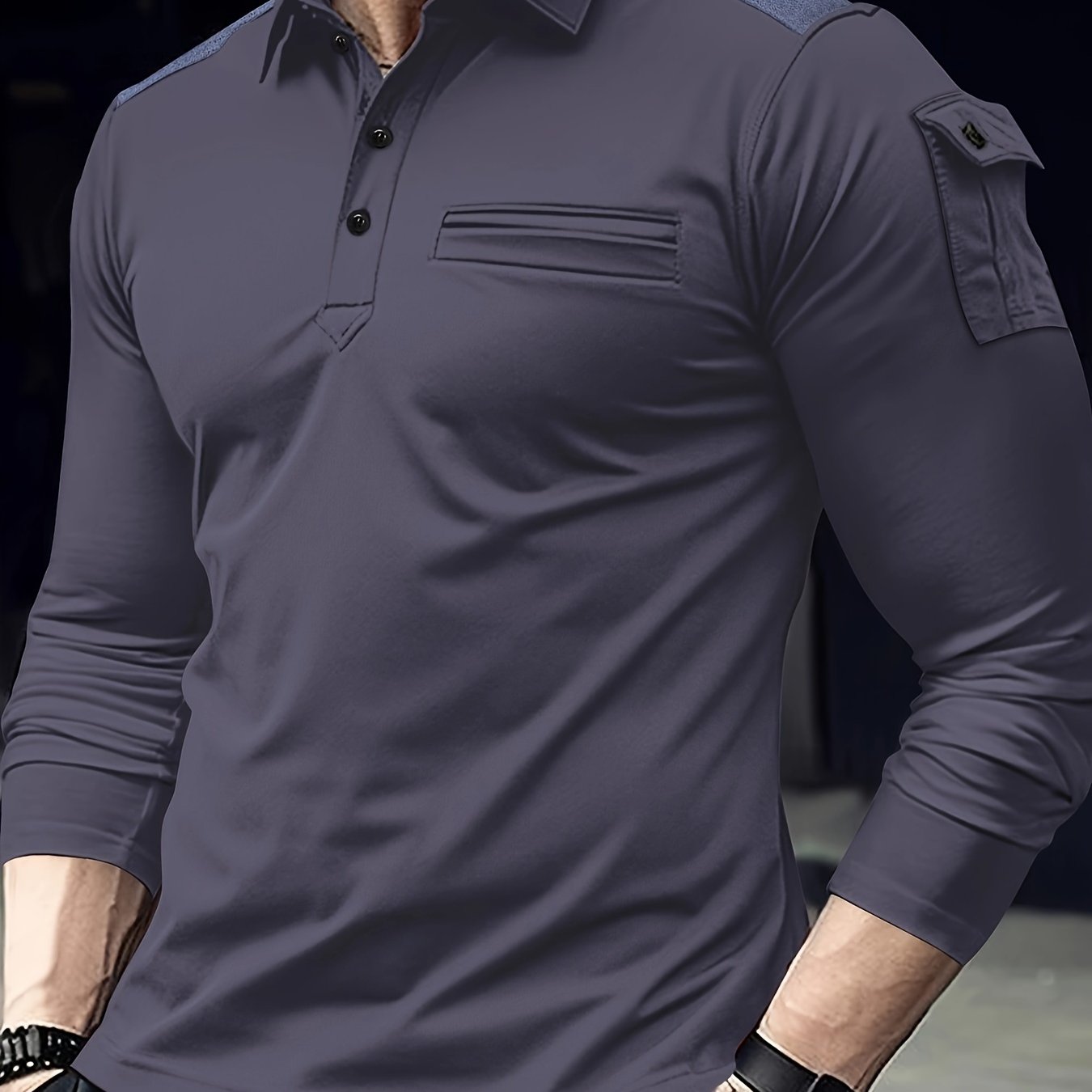 Long-sleeve men's casual shirt with arm pockets and shoulder patches, perfect for outdoor sports in the Fall/Winter Collection.