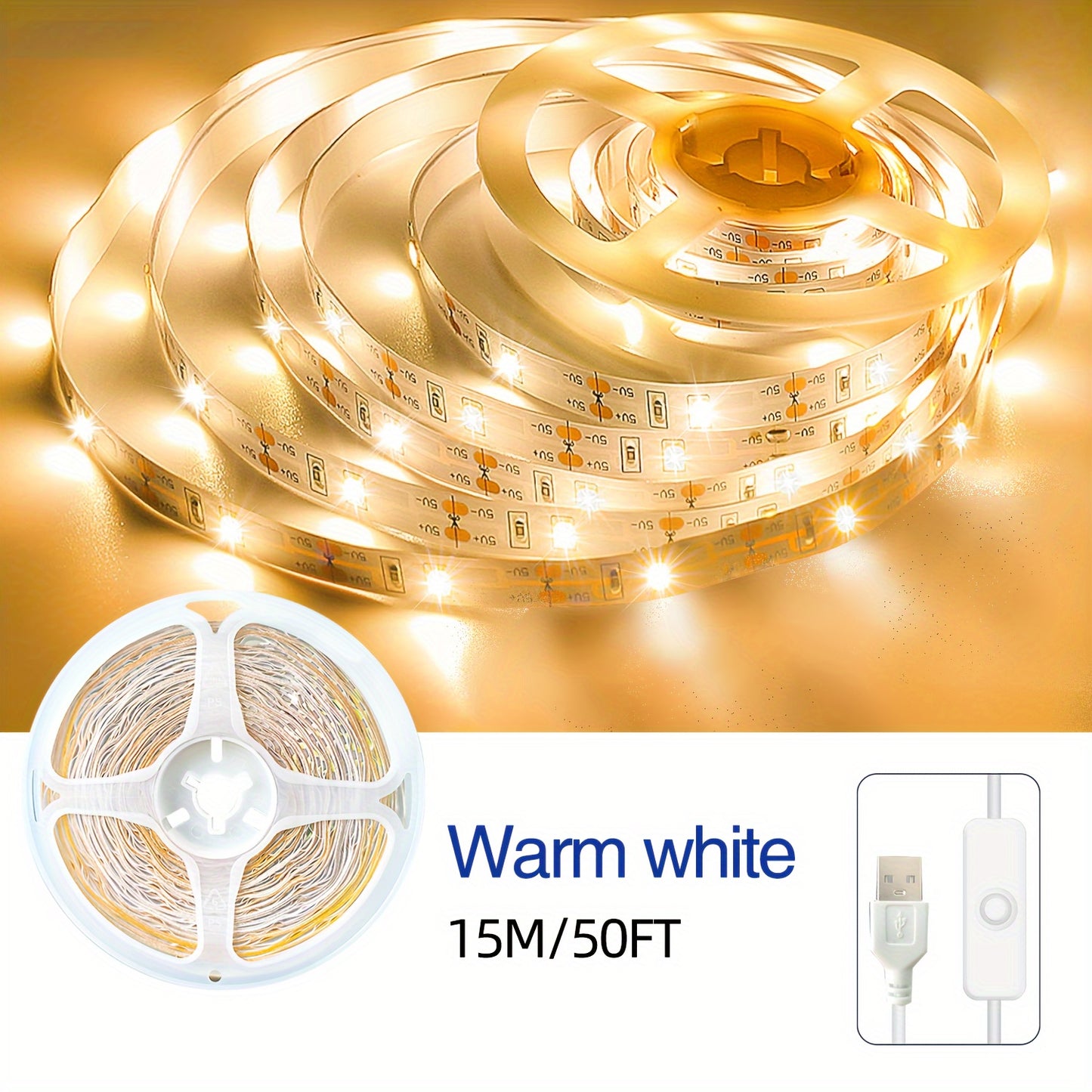 91.44cm-15.24m RGB LED Strip Lights, USB Powered with Built-in Switch, Warm/Cool White, Easy Installation for Bedroom, Closet, Kitchen Cabinet & DIY Home Lighting, LED Lights for Bedroom