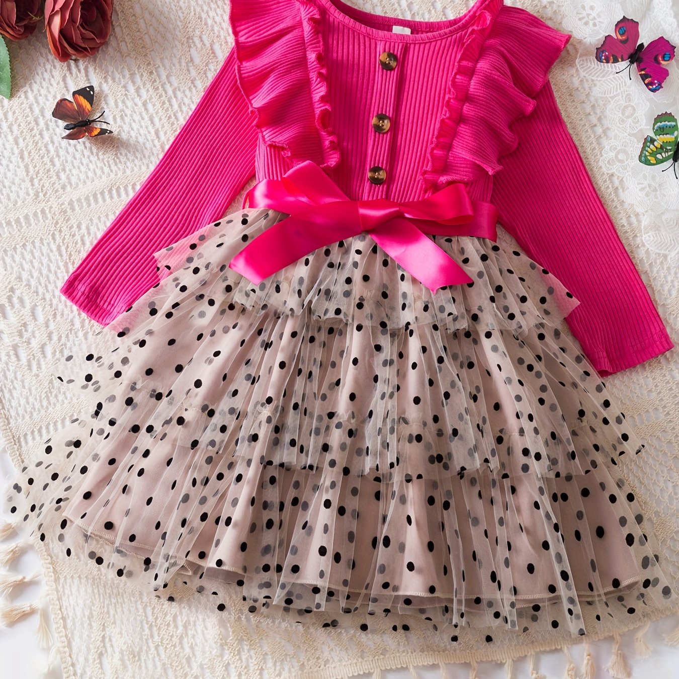 Kids' Summer Polka Dot Tulle Princess Dress, A-Line Fairy Style with Button Accents, 65% Polyester Non-Stretch Fabric