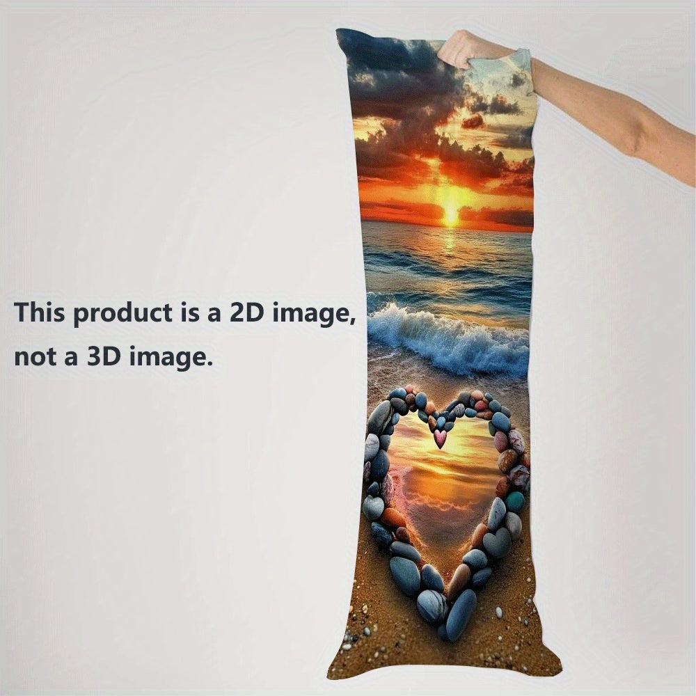 Valentine's Day Love Heart Beach Scene Ultra-Soft Plush Long Body Pillow Cover - 1 Piece, Size: 137.16x50.8cm. This Breathable and Reusable Zippered Lumbar Cushion Case is perfect for your Sofa or Bed, and is Machine Washable.