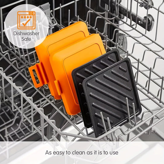 One piece Silicone Sandwich Maker featuring a removable non-stick surface, adjustable silicone straps for microwave toasting, dishwasher safe, no need for electricity, made of PFOA-free material, includes a lid.