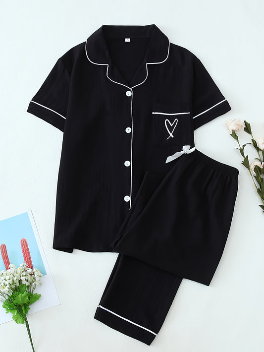 Women's Heart Embroidery Casual Pajama Set, Short Sleeve Top & Pants