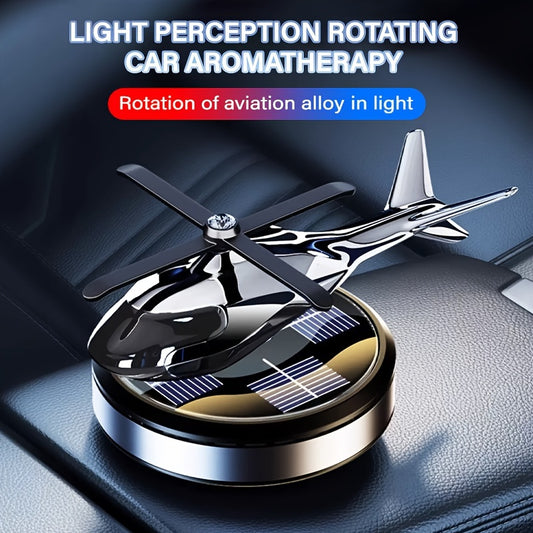 Solar-powered helicopter air freshener with rotating aluminum alloy aromatherapy diffuser in red/golden/silvery/blue, includes paper fragrance sheets for long-lasting delicate scent and car