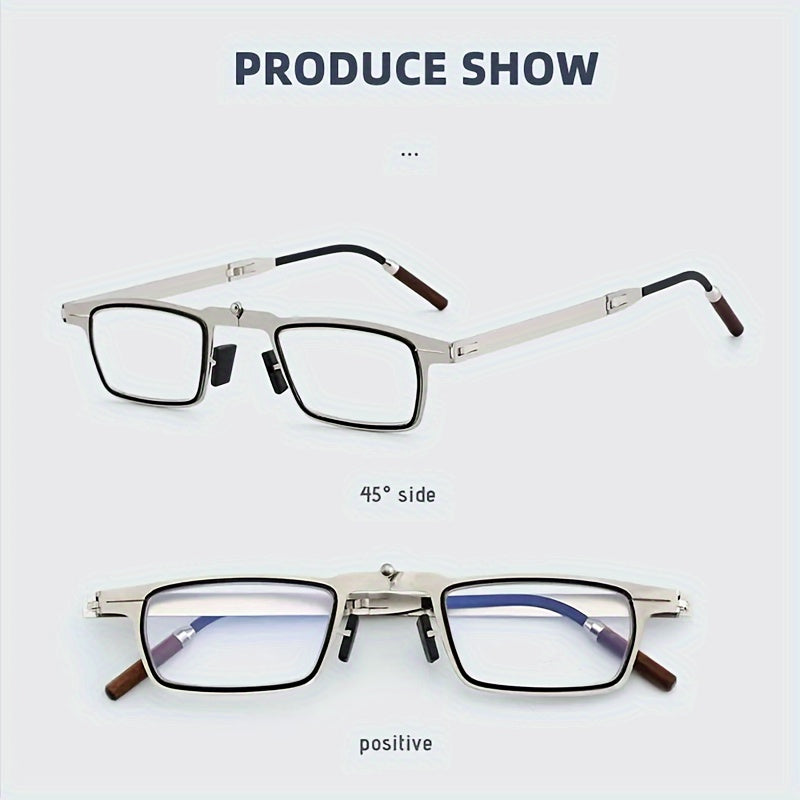 Rectangular full rim reading glasses with anti-blue light lenses, metal frame with mirror coating, and portable folding design for men and women.