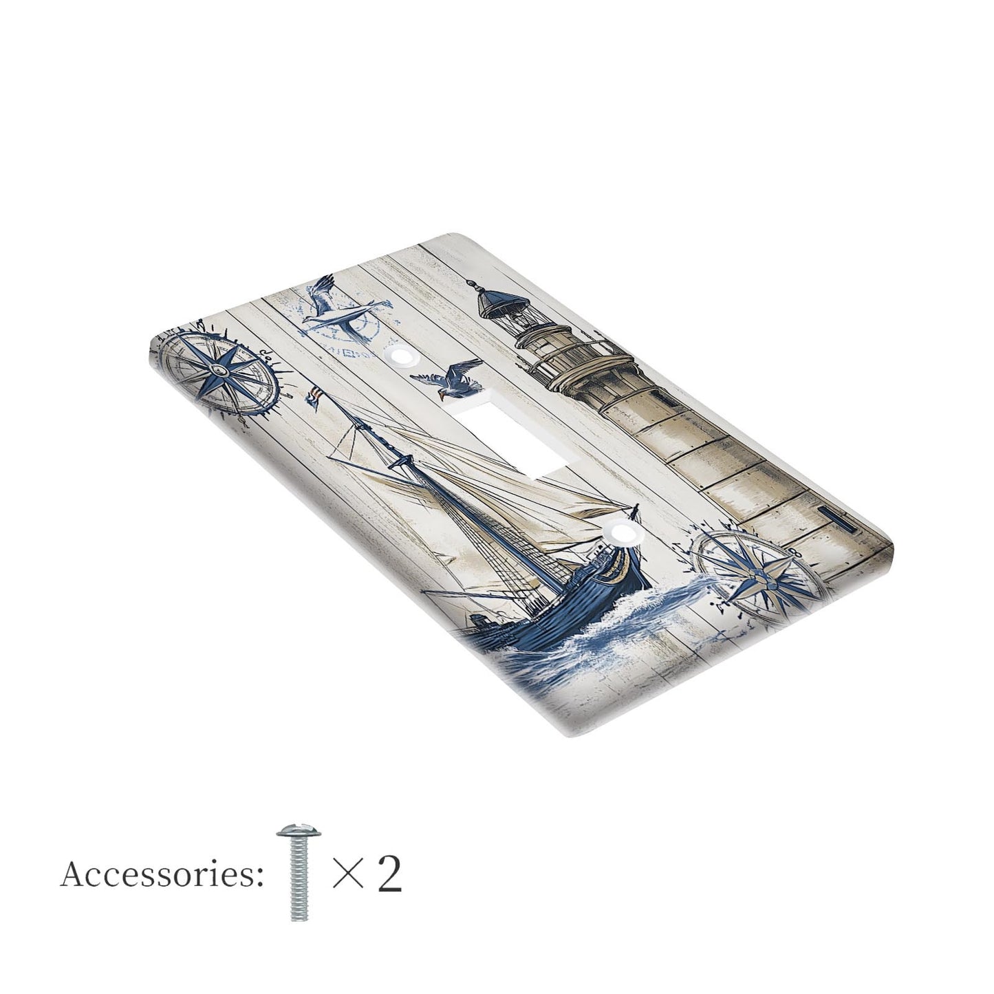 Nautical sailboat lighthouse print switch plate cover for easy-to-clean home decor, available in 1-gang or 2-gang sizes.