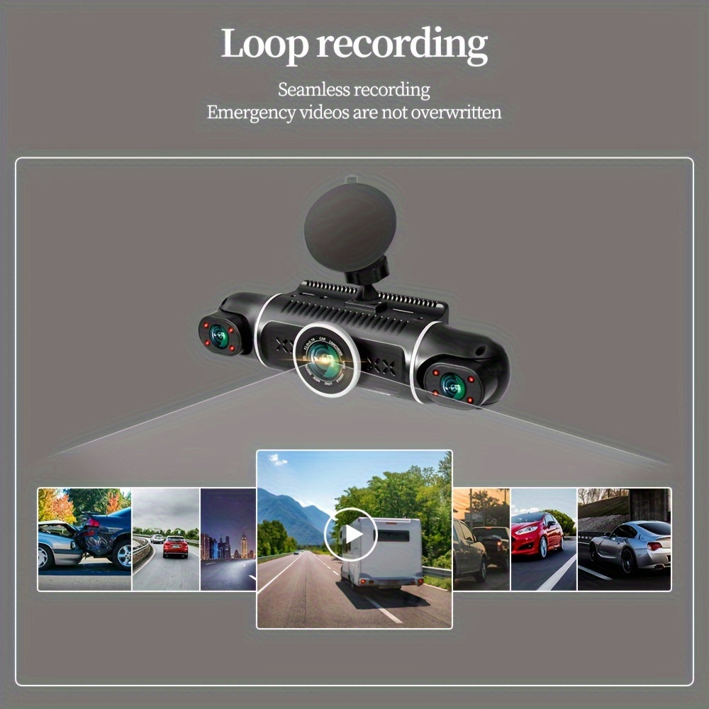 Four-channel front, rear, left, and right dash camera with 360° rotatable and built-in WiFi, loop recording, night vision, G-sensor, and WDR.